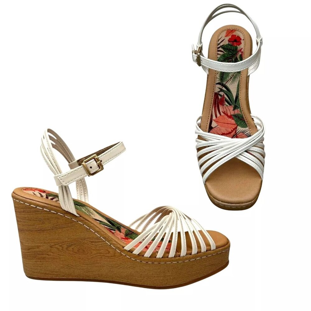 BOC‎ Catalina Women's Platform Wedge Sandal Size 8 White/Tan Glossy Straps Twist